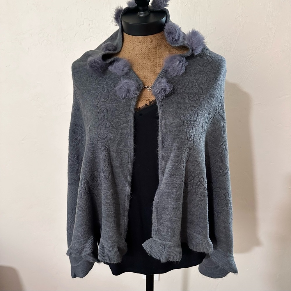 Women’s Gray Acrylic Cape-Wrap With Puff Balls along neckline, ruffles, embossed